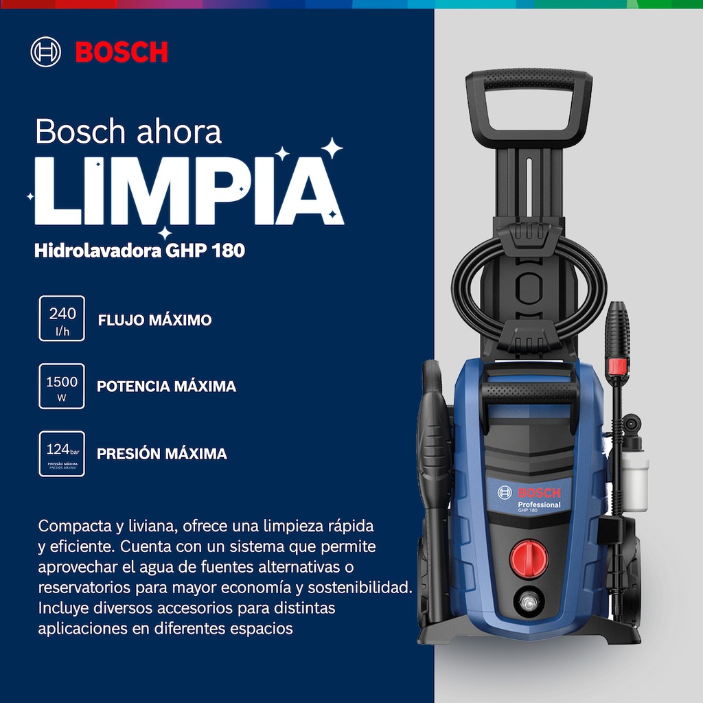 Hidrolavadora BOSCH GHP 180 / 1,800 PSI / 1600 W / 6.3Lt /Min / DEWALT-