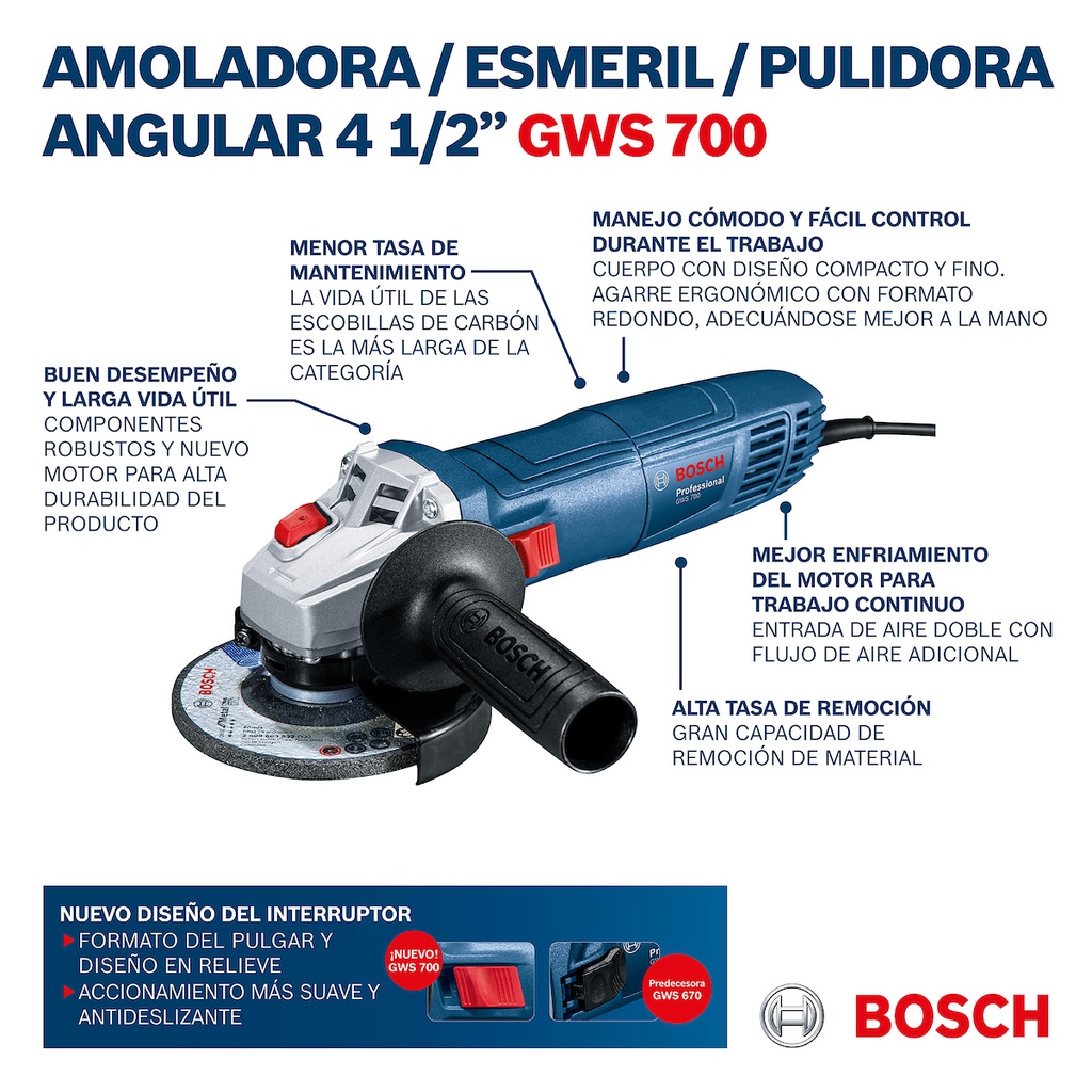 Amoladora 4 1/2" BOSCH GWS 700 / 710 Watt / Eje 5/8" / BOSCH-12-E-2