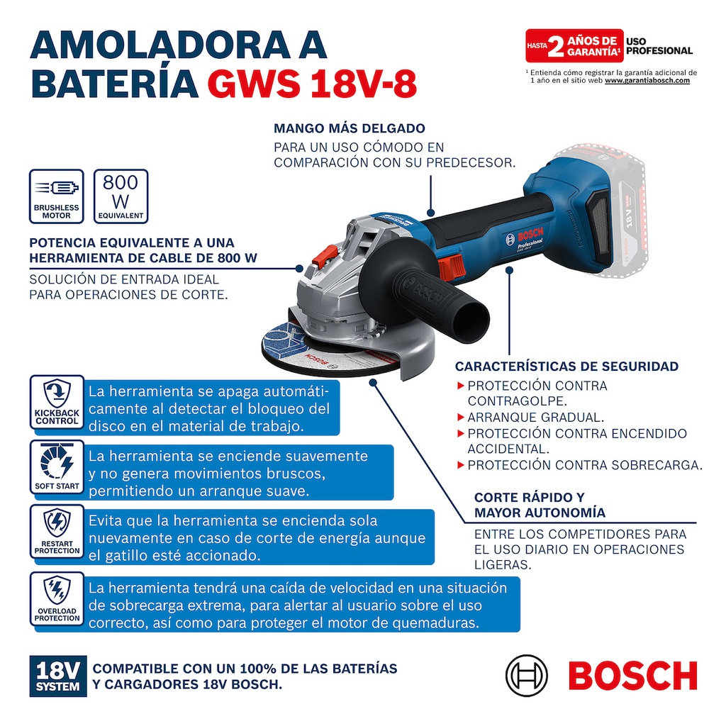 Amoladora 4 1/2"  GWS 18V-8 / BARETOOL / BOSCH-