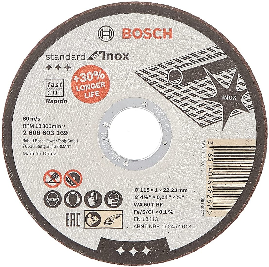 Disco abrasivo 4 1/2" X 1 mm Corte INOXIDABLE / STANDARD / 4 1/2" X 3/64" X 7/8" (115 X 1 X 22.23MM) / BOSCH-