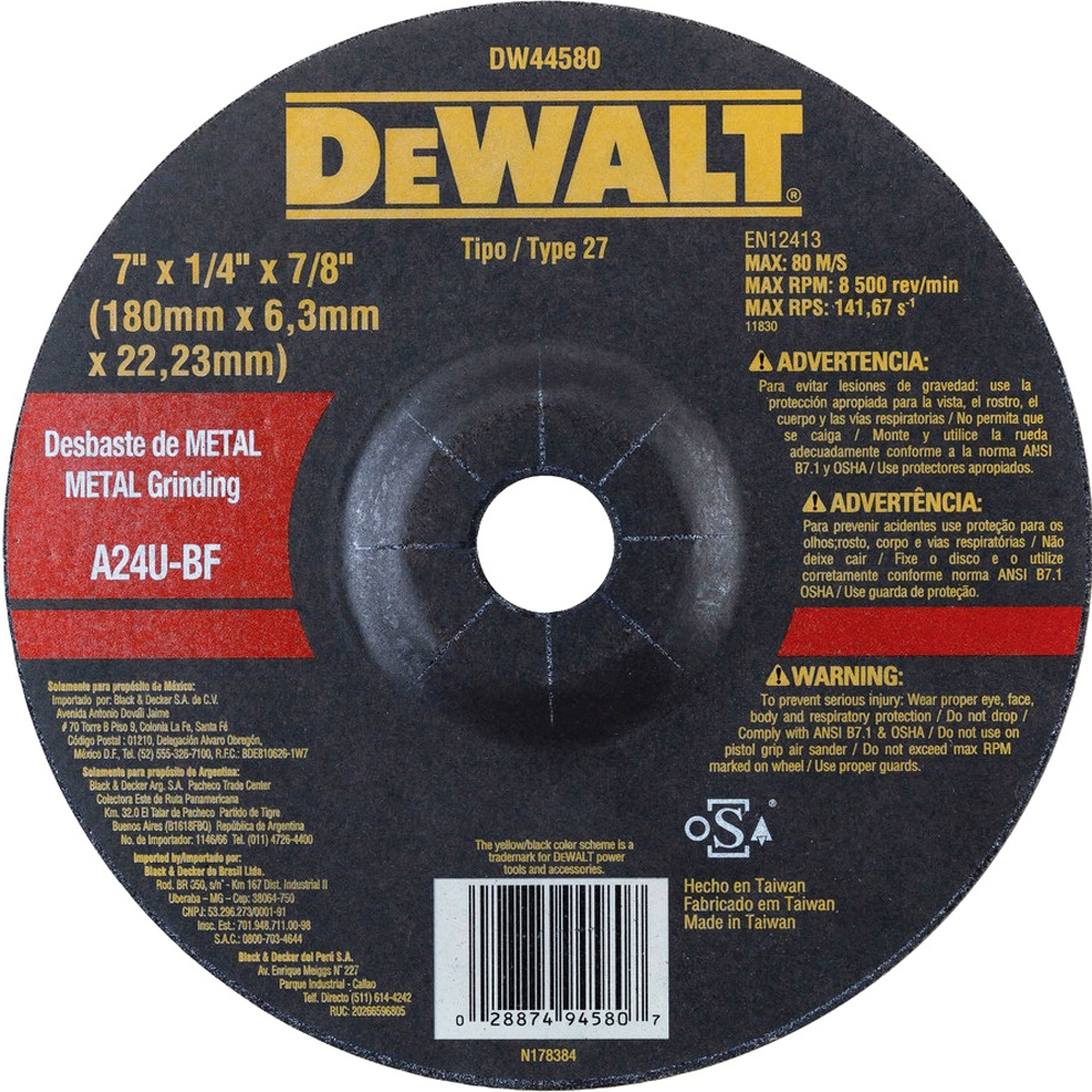 Disco abrasivo 7" Pulido metal / Concavo / 7" X 1/4" X 7/8" ( 180 X 6.3 X 22.23MM ) / DEWALT-3-C-3-C
