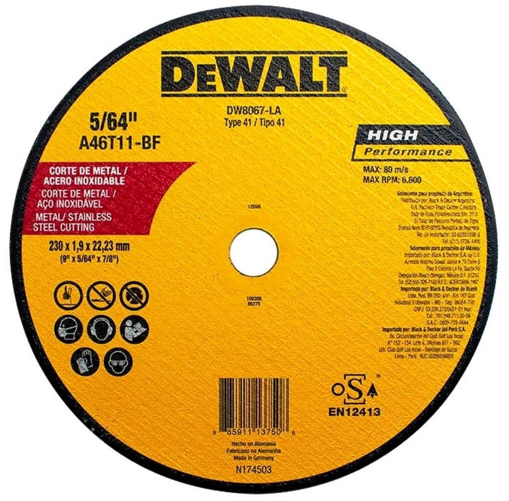 Disco abrasivo 9" Corte metal DEWALT / Plano / INOX /  9" X 5/64" X 7/8" (230 X 1,9 X 22.23MM) / DEWALT-3-C-3-D