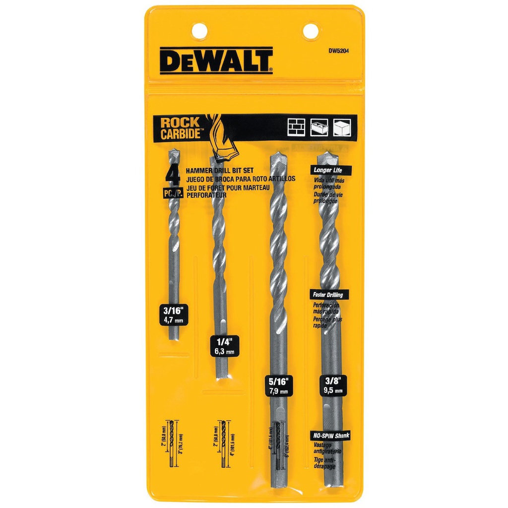 Broca Concreto DeWalt Rock CARBIDE 3/16" / 1/4" / 5/16" / 3/8" / DEWALT-Tabla-4