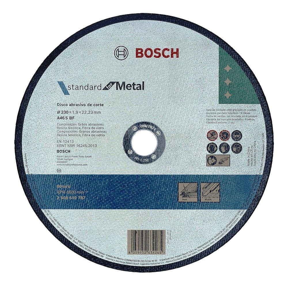 Disco abrasivo 9" Corte metal Plano / STANDARD / 9" X 5/64" X 7/8" (230 X 1.9 X 22.23MM) / BOSCH-PISO-2