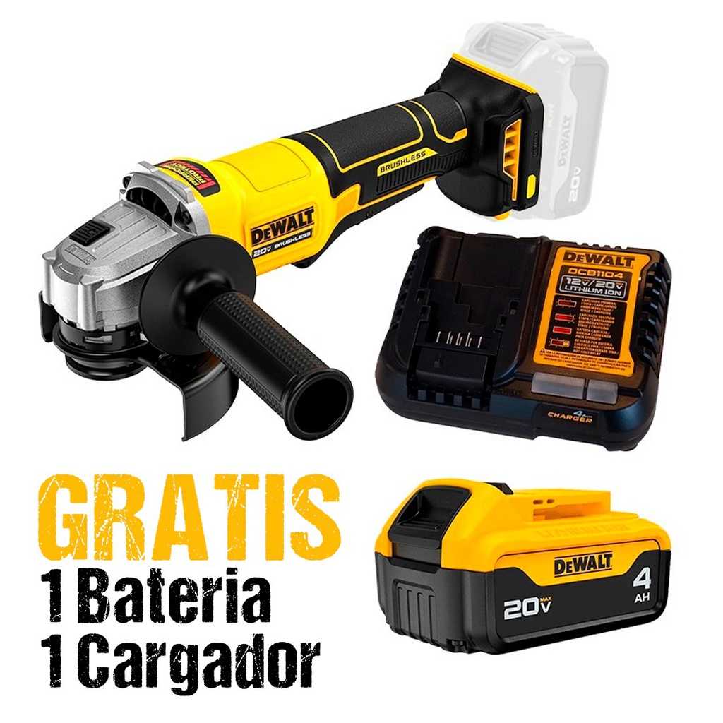 Amoladora 4 1/2" DEWALT 20V / BARETOOL / GRATIS DCB204 + DCB1104 / DEWALT-