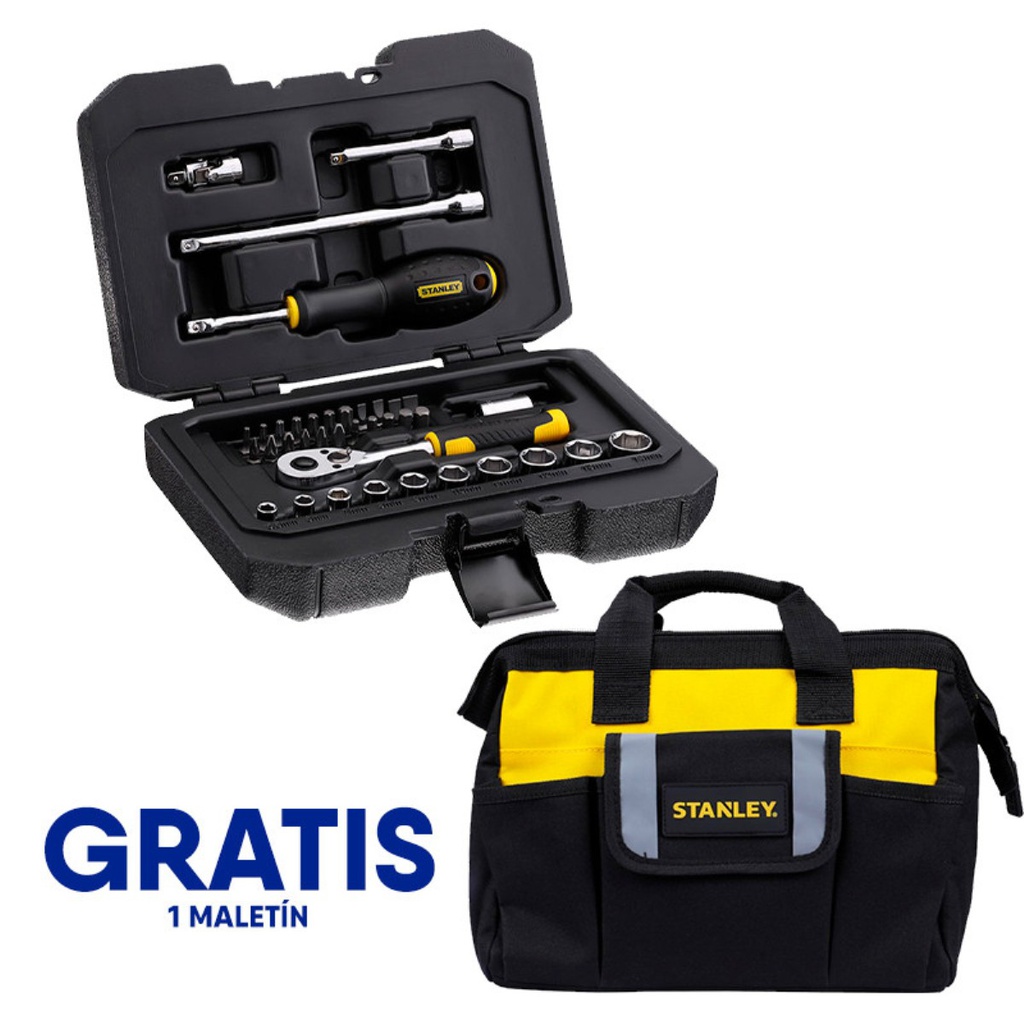 Juego / Dados 38 Piezas / Raiz 1/4" / Milimetricas Maleta Plastica + Gratis Maletin Lona- 16-C-3-B