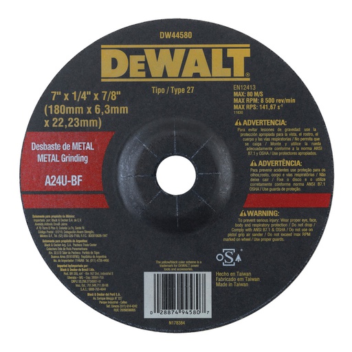 [DW44580] Disco abrasivo 7" Pulido metal / Concavo / 7" X 1/4" X 7/8" ( 180 X 6.3 X 22.23MM ) / DEWALT-3-C-3-C