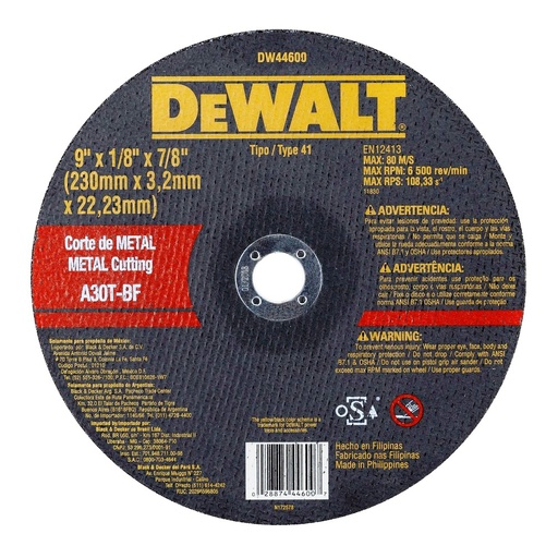 [DW44606] Disco abrasivo 9" Corte metal DEWALT / Concavo / 9" X 1/8" X 7/8" (230 X 3,2 X 22.23MM) / DEWALT-3-B-3-A-1/17-B-1-B