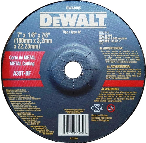 [DW44605] Disco abrasivo 7" Corte metal / Concavo / 7" X 1/8" X 7/8" ( 180 X 3.2 X 22.23MM ) / DEWALT-3-E-3-B