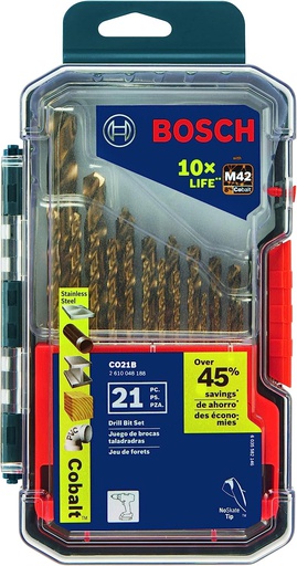 [2610048188] Kit de Brocas COBALTO de 1/16 a 1/2 BOSCH / 21 piezas / BOSCH-10-C-2-A
