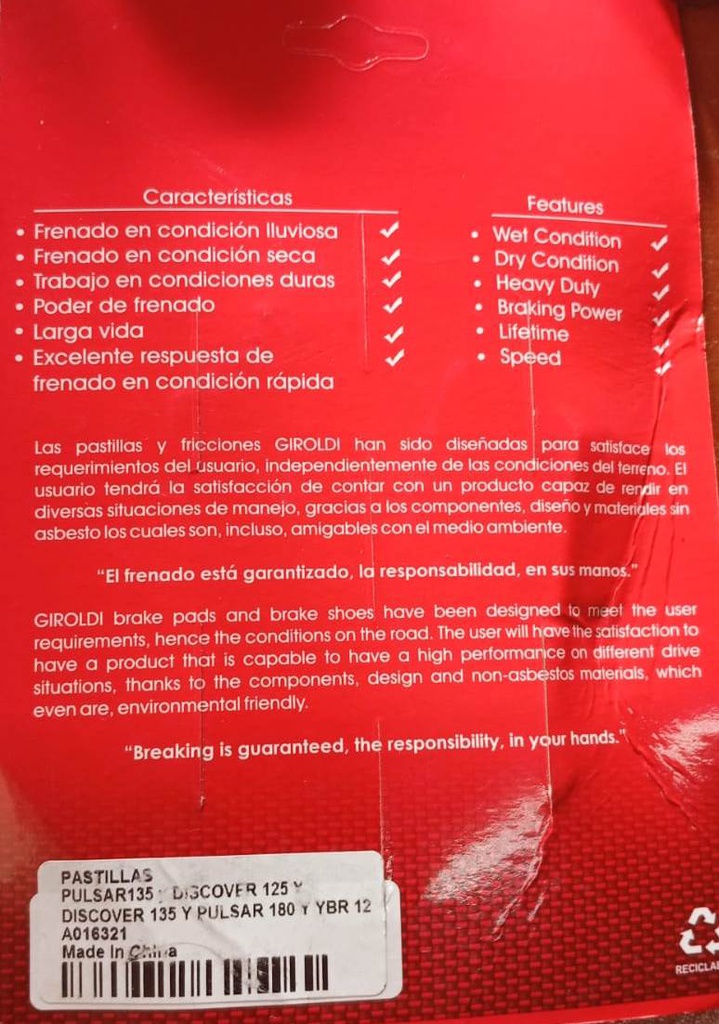 Pastilla de Freno / MOTO / PULSAR 135 / PULSAR 180 / DISCOVER 125 y 135 / YBR 125 2008-2017 / GIROLDI / BOSCH-