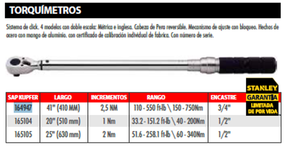 Torquimetro / 3/4" / 110 - 550 Pies/Libras / 150 - 750 Nm / INCREMENTO 2.5 Nm /STANLEY / DEWALT-