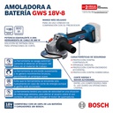 Amoladora 4 1/2&quot;  GWS 18V-8 / BARETOOL / BOSCH-