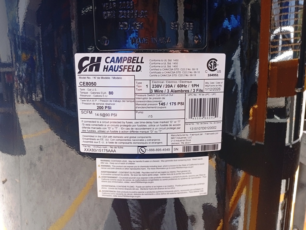 Compresor 5 HP 80 Gal CAMPBELL HAUSFELD CE8050 / AZUL / BOSCH-