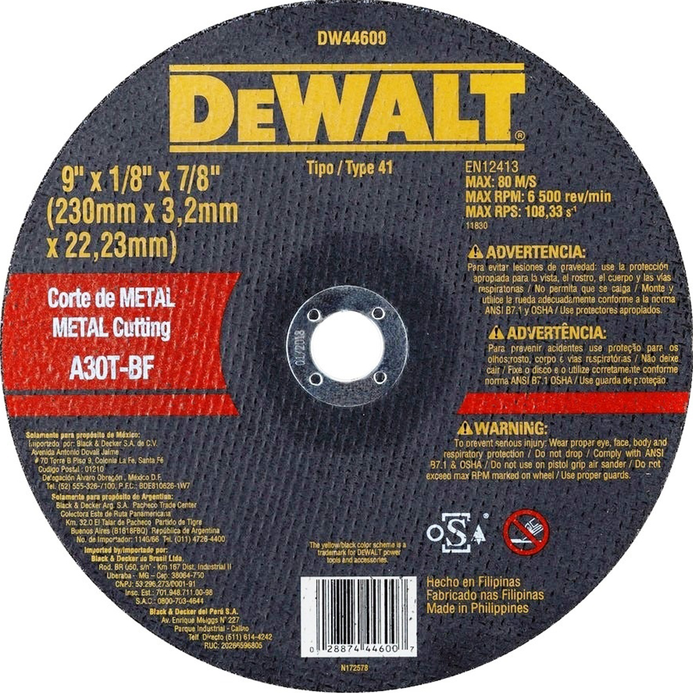 Disco abrasivo 9" Corte metal DEWALT / Plano / 9" X 1/8" X 7/8" (230 X 3,2 X 22.23MM) / DEWALT-2-B-3-C/17-B-1-A