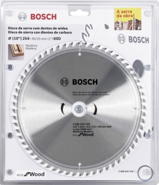 Disco Sierra Circular 10&quot; 60 Dientes BOSCH / ECO / MADERA / Eje 30-25 mm ( 1&quot; ) / BOSCH-TABLA-ACC