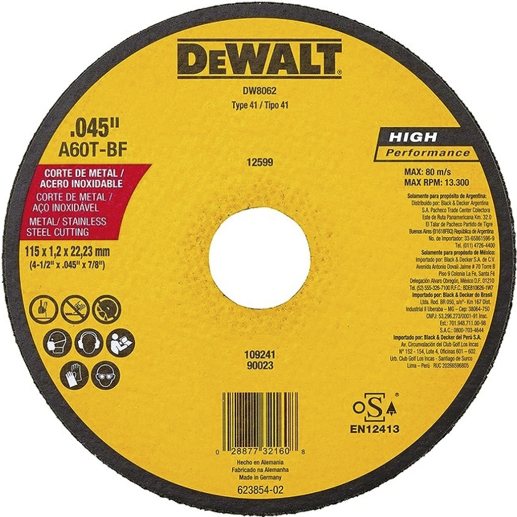 Disco abrasivo 4 1/2" X 1.2 mm Corte INOX / 4 1/2" X .045" X 7/8" ( 115 X 1.2 X 22.23MM ) / DEWALT-3-E-1-C