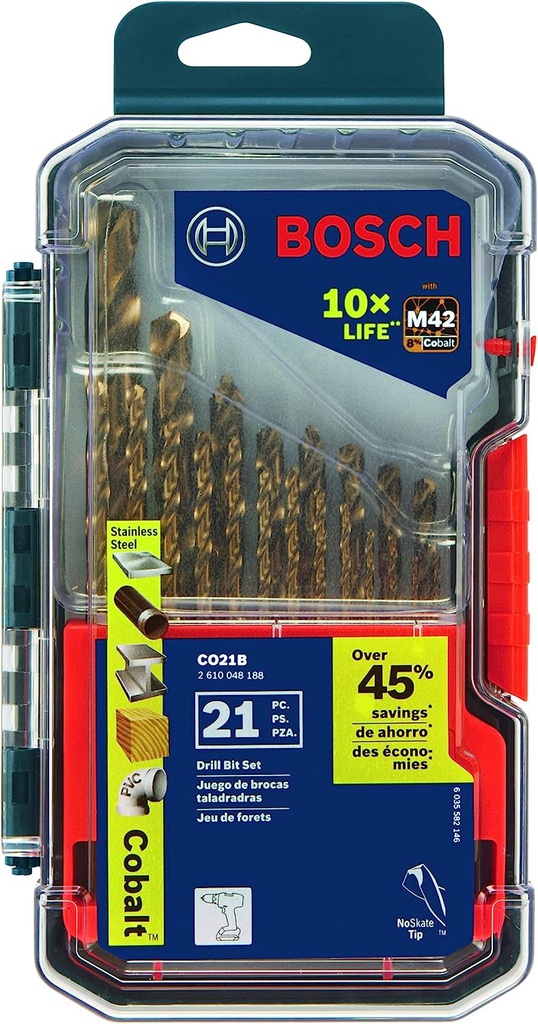 Kit de Brocas COBALTO de 1/16 a 1/2 BOSCH / 21 piezas / BOSCH-10-C-2-A
