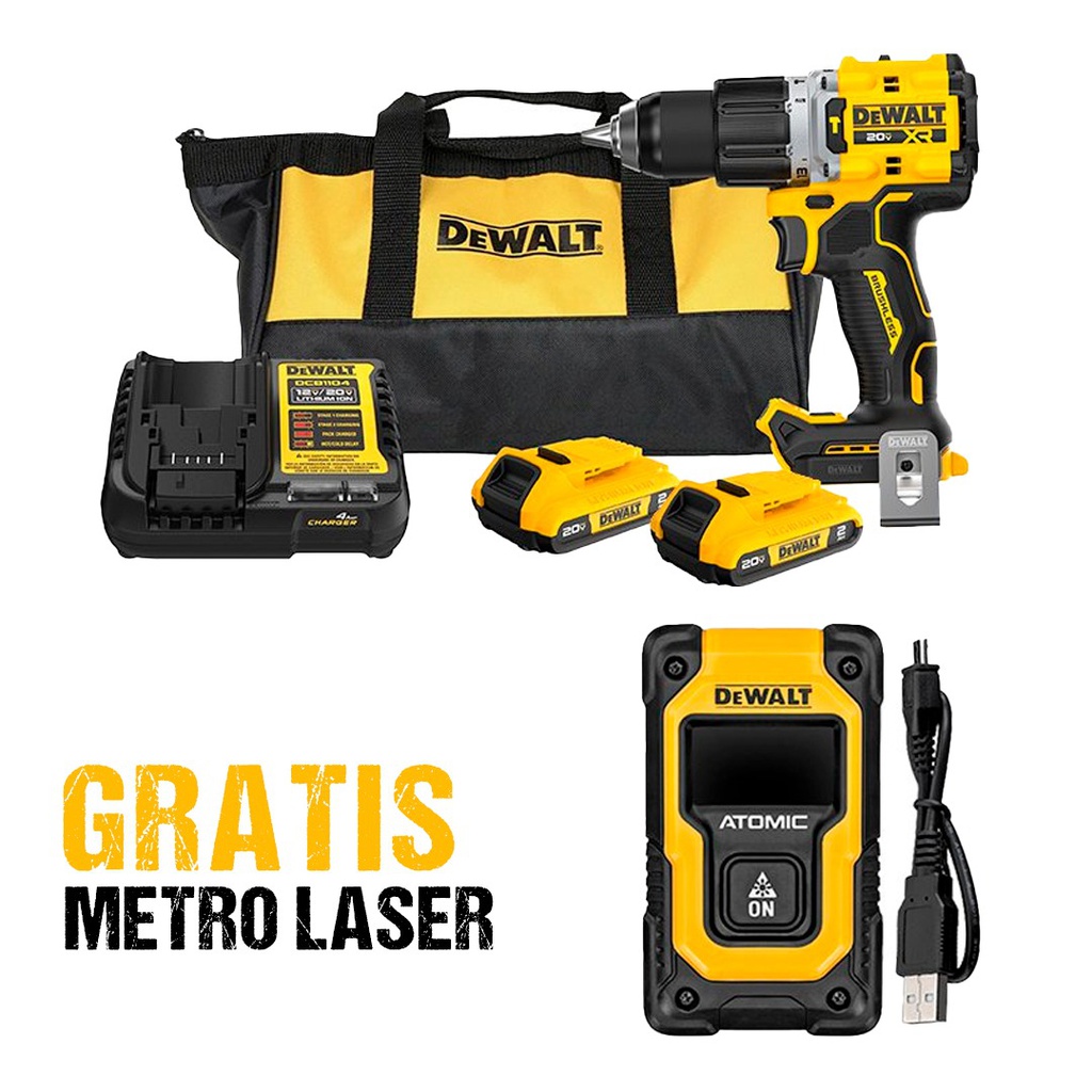 Taladro inalambrico 20 V DEWALT Lithium / Sin Carbones / Percucion / Gratis Medidor Laser 16 Metros / DEWALT-4-E-3-C