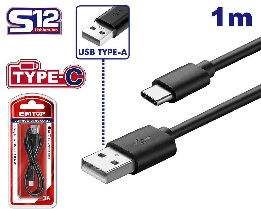 Cable USB Tipo A Tipo C de 1 Metro de Largo Marca EMTOP / DEWALT-TABLA 1