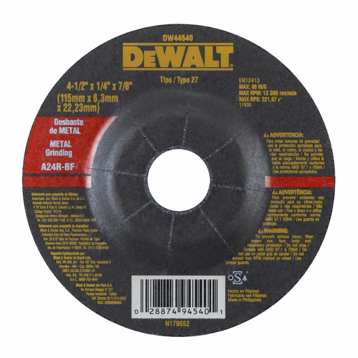 [DW44540-PH] Disco abrasivo 4 1/2" Pulir Metal / 4 1/2" X 1/4" X 7/8" ( 115 X 6,3 X 22.23MM ) / DEWALT-2-C-3-A-1