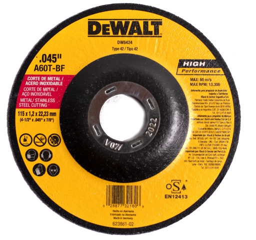 [DW8424] Disco abrasivo 4 1/2" X 1.2 mm Corte INOX / 4 1/2" X .045" X 7/8" ( 115 X 1.2 X 22.23MM ) / DEWALT-3-E-1-D