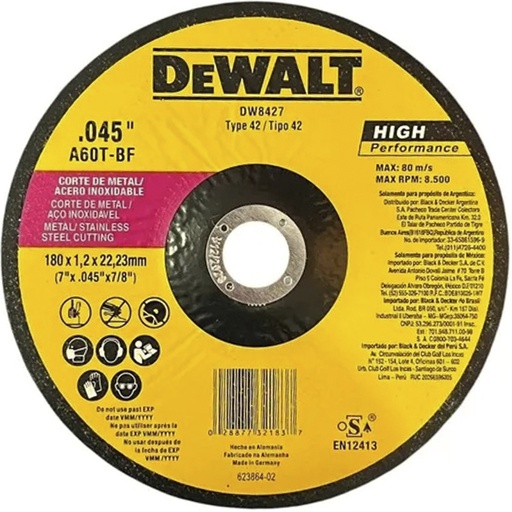 [DW8427] Disco abrasivo 7" Corte INOX lamina / Concavo / 7" X 0.45" X 7/8" ( 180 X 1.2 X 22.23MM ) / DEWALT-2-C-3-D-1