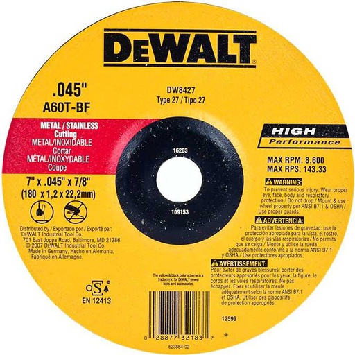 [DW8427] Disco abrasivo 7" Corte INOX lamina / Concavo / 7" X 1/16" X 7/8" ( 180 X 1.2 X 22.23MM ) / DEWALT-2-C-3-D-1