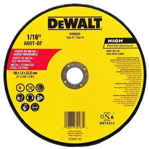 [DW8065] Disco abrasivo 7" Corte INOX lamina / Plano / 7" X 1/16" X 7/8" ( 180 X 1.6 X 22.23MM ) / DEWALT-3-D-3-F