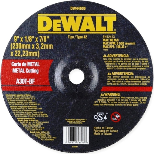 [DW44606] Disco abrasivo 9" Corte metal DEWALT / Concavo / 9" X 1/8" X 7/8" (230 X 3,2 X 22.23MM) / DEWALT-3-B-3-A-1/17-B-1-B