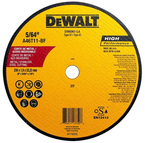 [DW8067-LA] Disco abrasivo 9" Corte metal DEWALT / Plano / INOX /  9" X 5/64" X 7/8" (230 X 1,9 X 22.23MM) / DEWALT-3-C-3-D