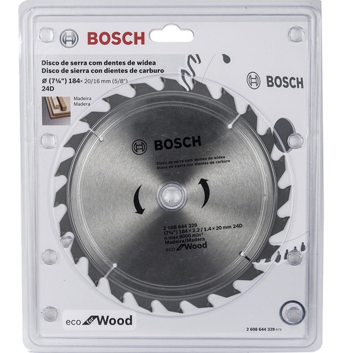 [2608644329] Disco Sierra Circular 7 1/4&quot; 24D BOSCH / ECO / MADERA / Eje 20-16 mm ( 5/8&quot; ) / BOSCH-TABLA-7