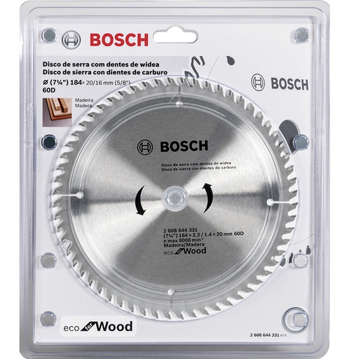[2608644331] Disco Sierra Circular 7 1/4&quot; 60D BOSCH / ECO / MADERA / Eje 20-16 mm ( 5/8&quot; ) / BOSCH-TABLA-7