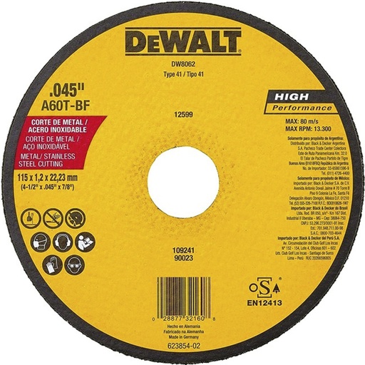 [DW8062] Disco abrasivo 4 1/2" X 1.2 mm Corte INOX / 4 1/2" X .045" X 7/8" ( 115 X 1.2 X 22.23MM ) / DEWALT-3-E-1-C