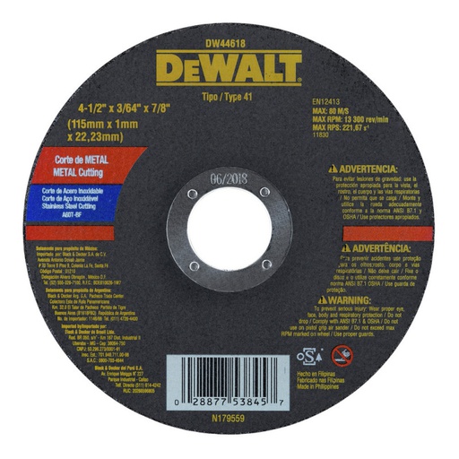[DW44618-PH] Disco abrasivo 4 1/2" X 1 mm Corte INOX / 4 1/2" X 3/64" X 7/8" ( 115 X 1 X 22.23MM ) / DEWALT-2-C-3-B