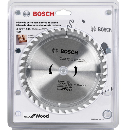 [2608644330] Disco Sierra Circular 7 1/4&quot; 40D BOSCH / ECO / MADERA / Eje 20-16 mm ( 5/8&quot; ) / BOSCH-TABLA-7