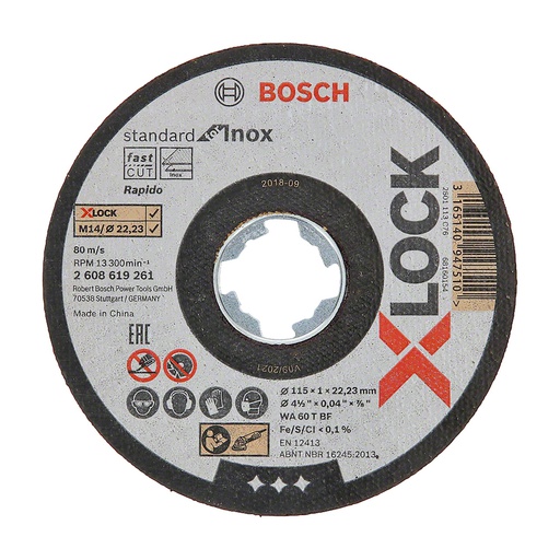[2608619261] Disco abrasivo 4 1/2" X 1 mm Corte INOXIDABLE lamina / STANDARD / XLOCK / 4 1/2" (115 X 1 X 22,23 mm) / BOSCH-