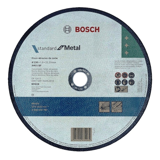 [2608619787] Disco abrasivo 9" Corte metal Plano / STANDARD / 9" X 5/64" X 7/8" (230 X 1.9 X 22.23MM) / BOSCH-PISO-2