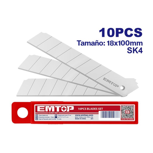 [ESKB1801] Cuchilla / Repuesto 10 Piezas ( 3/4" x 18 mm ) 8 Segmentos / EMTOP / DEWAL-TABLA 2
